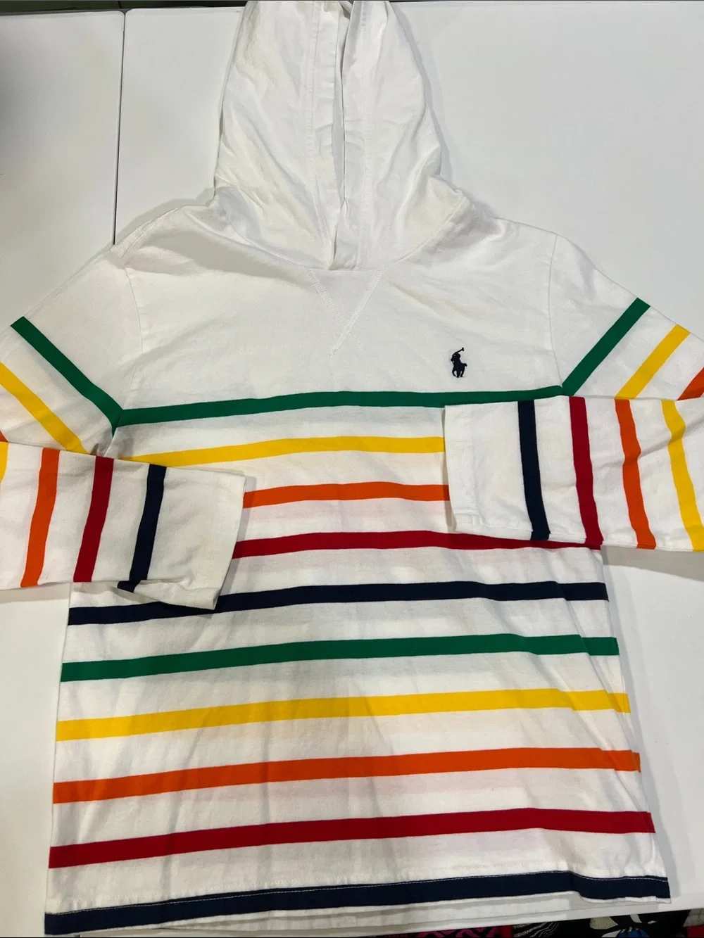 Ralph Lauren Kids White Hoodie with Multicolor Stripes - 10/12, EUC